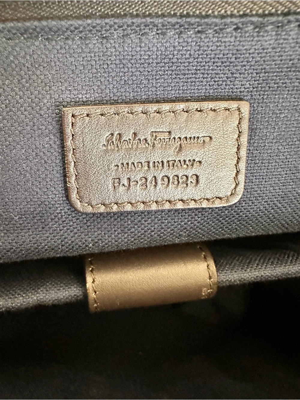 Salvatore Ferragamo Navy Canvas Laptop Bag with Brown Leather Trim